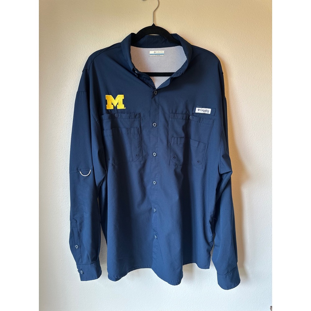 Columbia PFG Tamiami II x Michigan Wolverines Button Down Men's XL Navy Blue